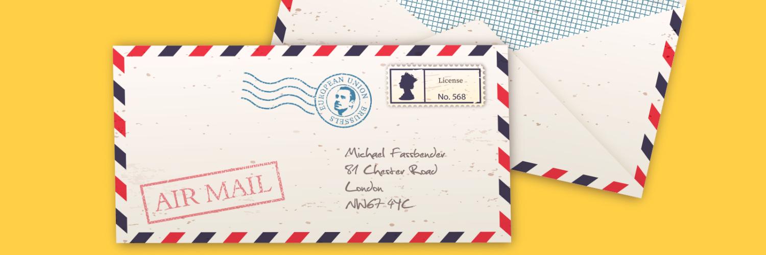 Promotional image for Finding Fassbender - An illustration of an envelope marked "AIR MAIL" addressed to Michael Fassbender 
