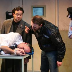 Jared Michael Delaney, Brian McCann, Jered McLenigan, and Kevin Meehan in <em>Gagarin Way</em> Photo: Katie Reing