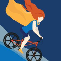 How to Be Brave promotional art: A young woman with red hair and wearing a superhero cape careens down a steep hill on a BMX bike.  