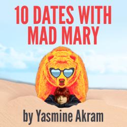 10 Dates with Mad Mary show art, a young woman sits under a giant bear wearing heart shaped glasses on a beach.