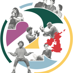 Black and white photos of past productions pop out of a umber 20 inset in a circle. The center of the 0 in 20 is a silhouette of Ireland and the uk. Different segments are different colors; green, yellow, red, purple, and light blue