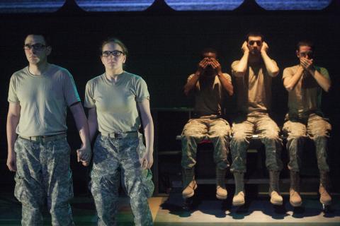 Johnny Smith, Campbell O'Hare, David Glover, David Pica, and Trevor Fayle in The Radicalisation of Bradley Manning. Photo: Katie Reing