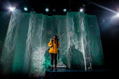 Satchel Williams on backdrop in a production image for A Hundred Words for Snow. Photo: Ashley Smith of Wide Eyed Studios.