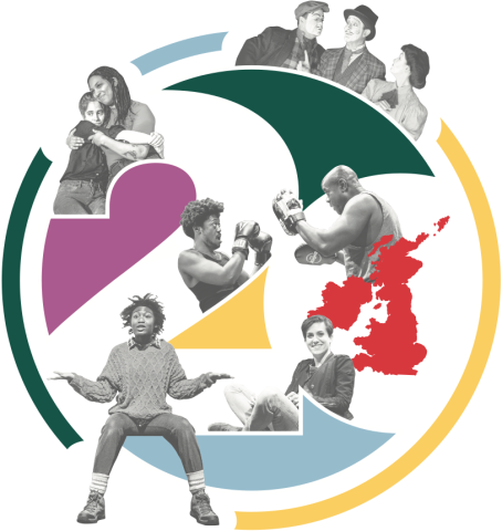 Black and white photos of past productions pop out of a umber 20 inset in a circle. The center of the 0 in 20 is a silhouette of Ireland and the uk. Different segments are different colors; green, yellow, red, purple, and light blue
